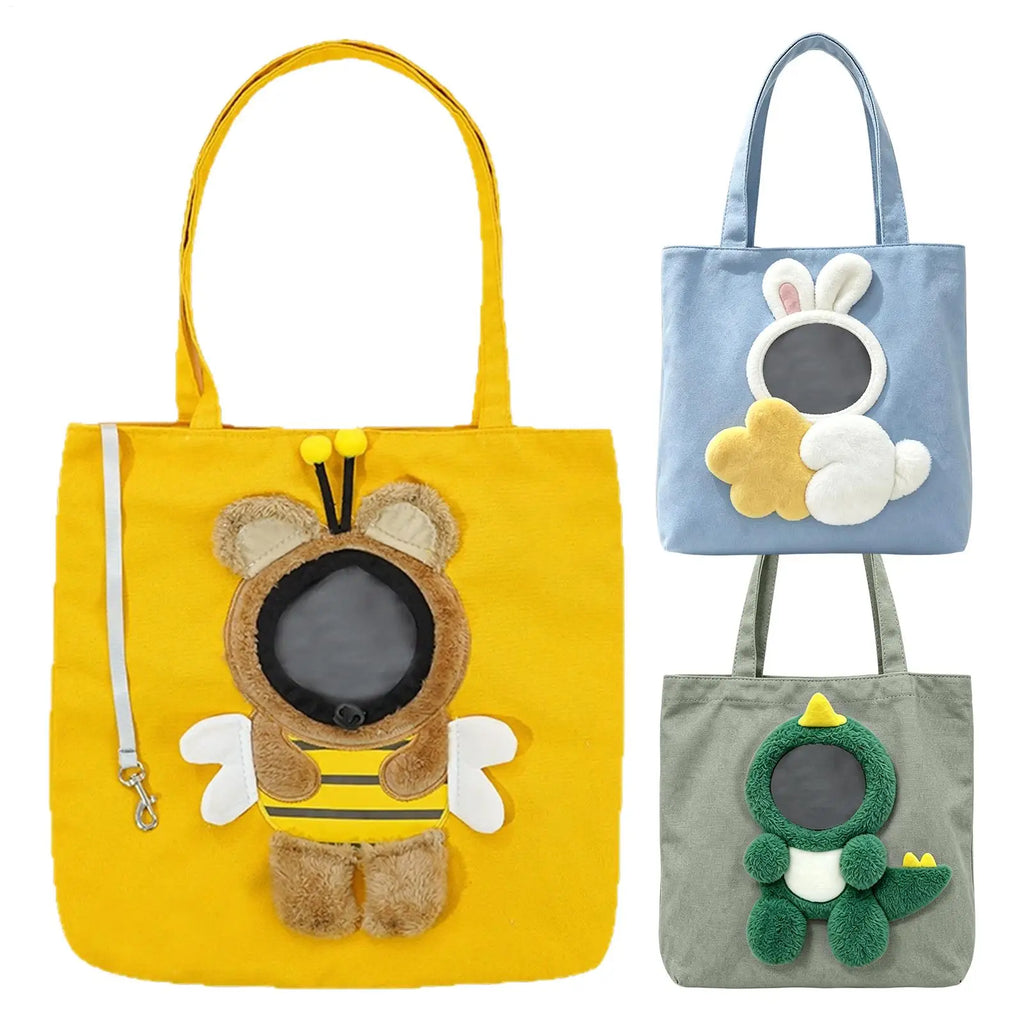 Three plush iPad tablet bag tote bags shown on a white background: a large yellow bee-themed bag on the left, a light blue bunny-themed bag at upper right, and a sage green dinosaur-themed bag at lower right.