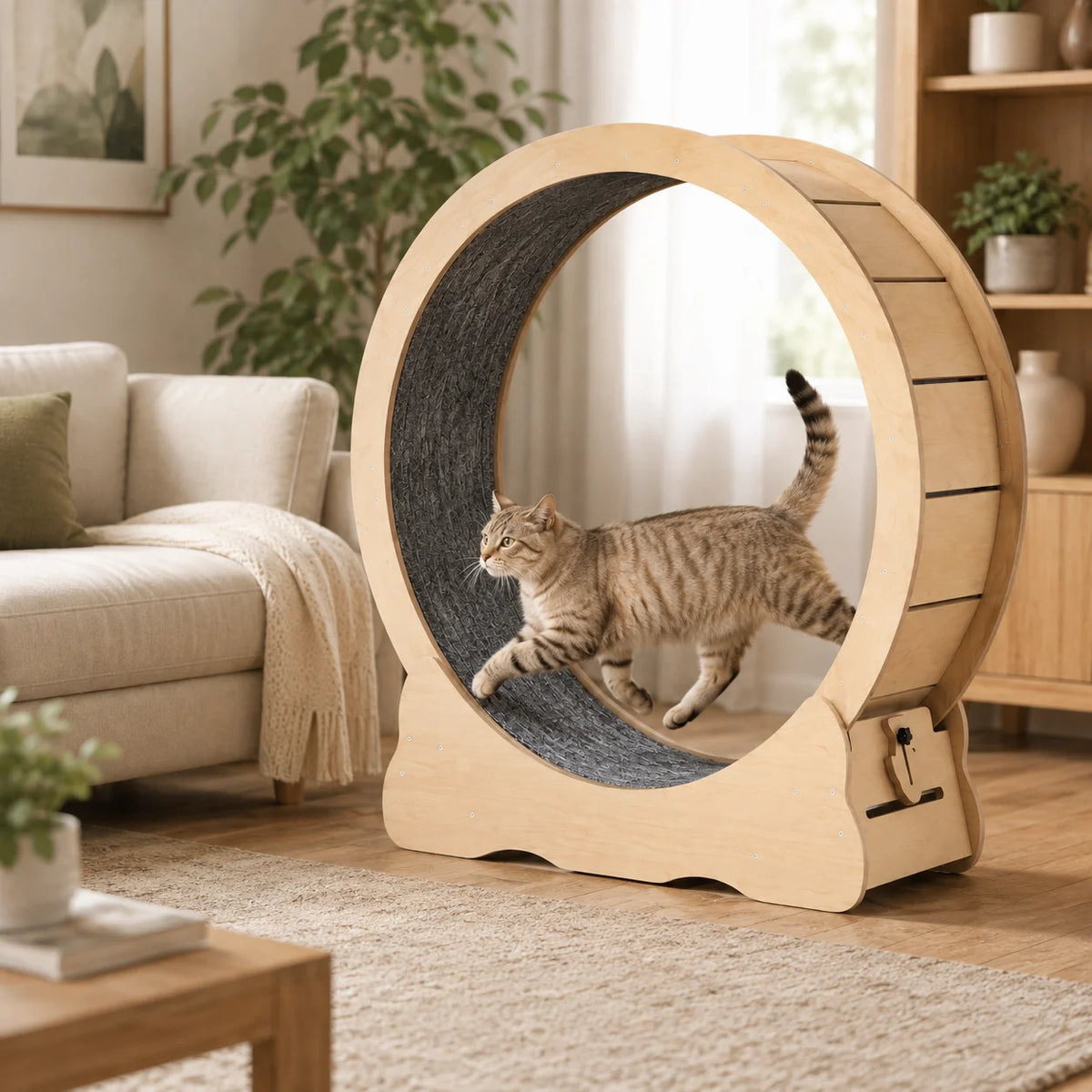 A tabby cat walks inside a large wooden hamster wheel cat exercise toy in a bright, modern living room.