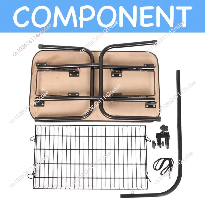 A set of metal and fabric furniture components laid out on a white background, with a blue banner at the top reading 'COMPONENT'. The set includes a beige fabric seat cushion with black metal frame bars, a black wire grid shelf, a black curved support bar, a small black hardware piece with wheels, and a black cord.