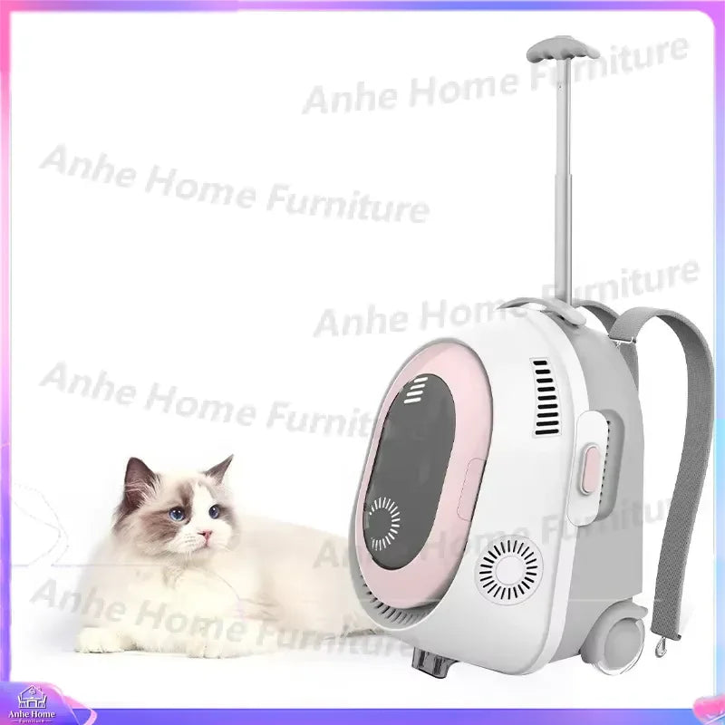 A white and pink retractable pet carrier stroller with a gray cat lying beside it on a white background with faint 'Anhe Home Furniture' watermarks.