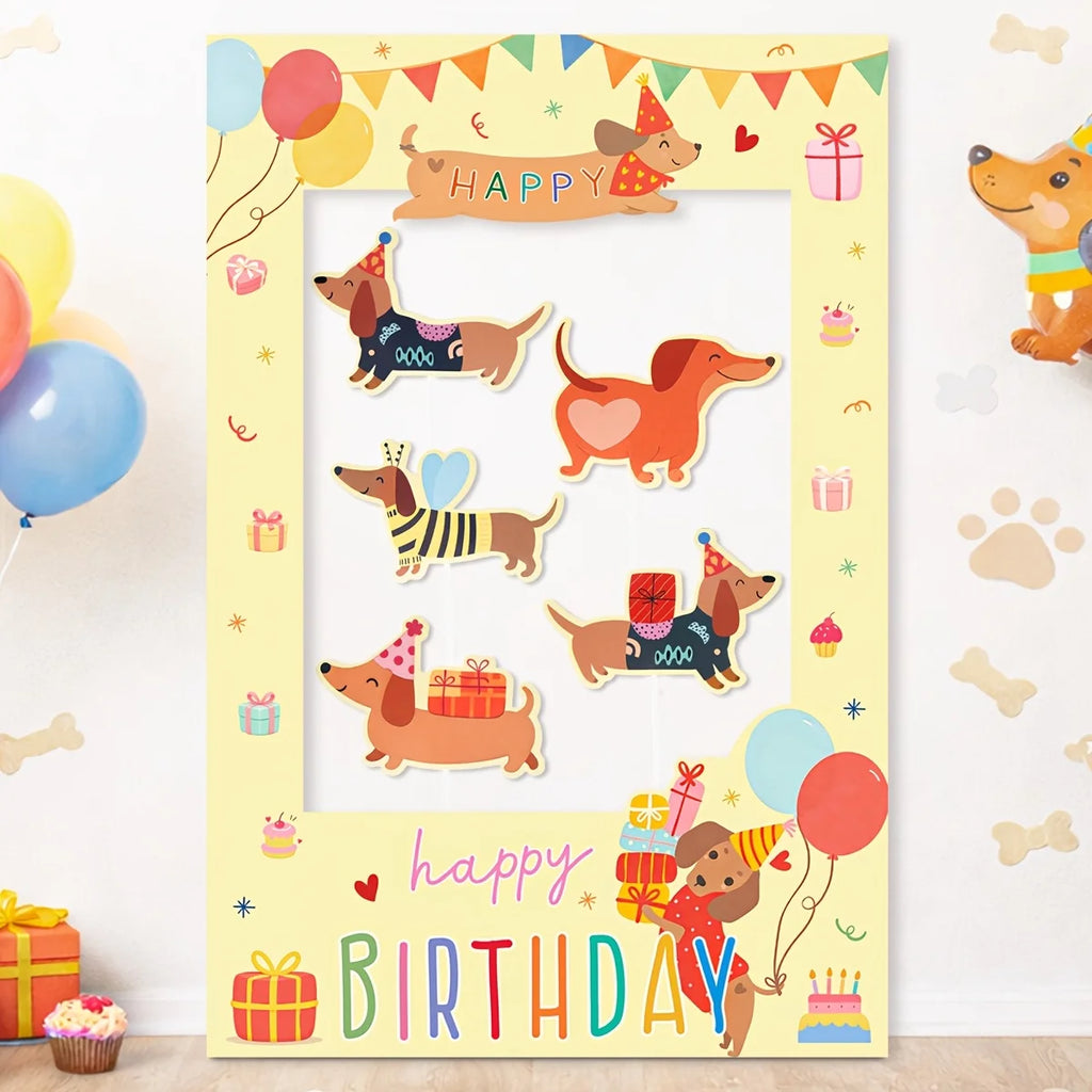 A dachshund-themed birthday photo frame decoration set featuring cartoon dachshunds in colorful sweaters, balloons, gifts, and a banner that reads 'Happy Birthday'.