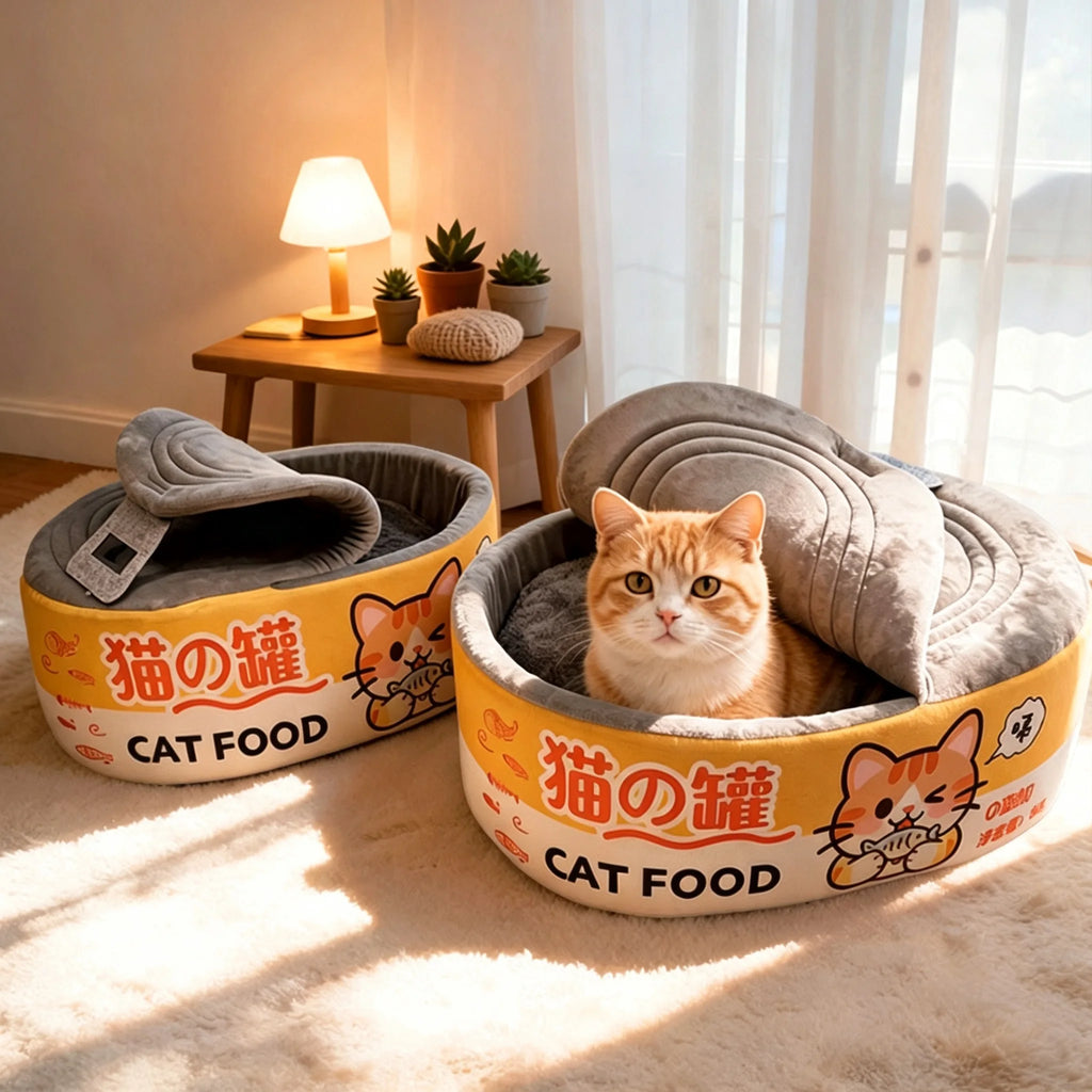 Two round cat beds with yellow printed outer walls and gray plush interiors are shown on a rug in a bright room. One bed is empty, and the other has an orange tabby cat sitting inside.