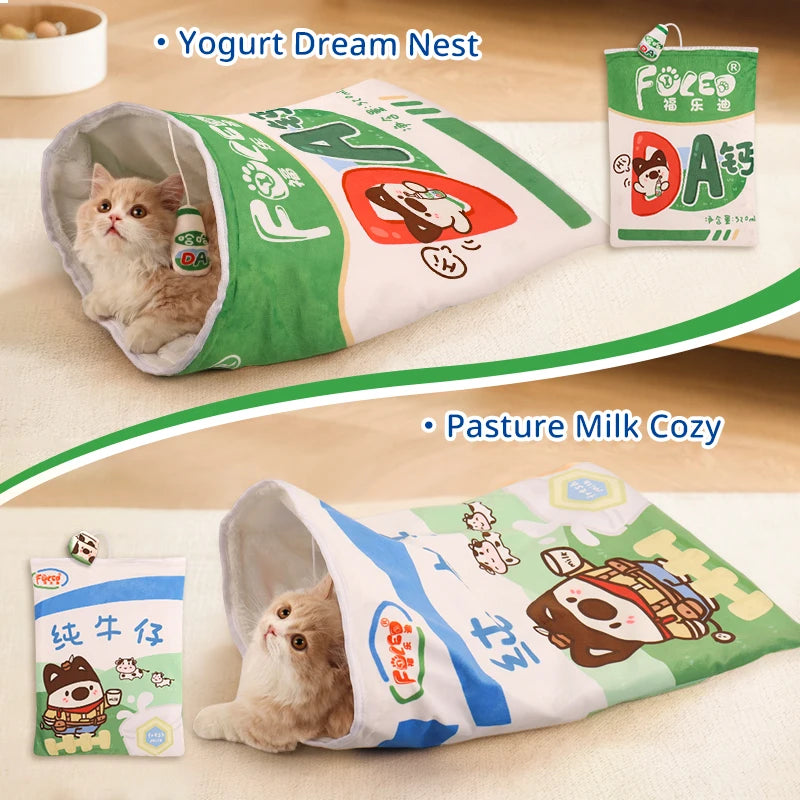 Two cat cozy products inspired by yogurt and milk packaging on a wooden surface.