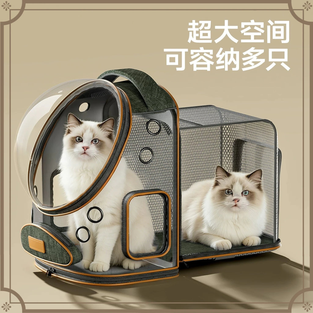 A large cat backpack and carrier with two fluffy white cats inside, shown on a beige background with Chinese promotional text. The carrier has a clear bubble window, mesh side panels, dark green fabric sections, and tan trim.