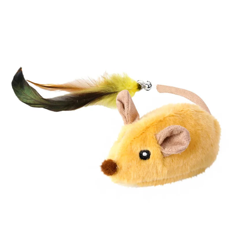 Plush mouse toy with feather on a white background