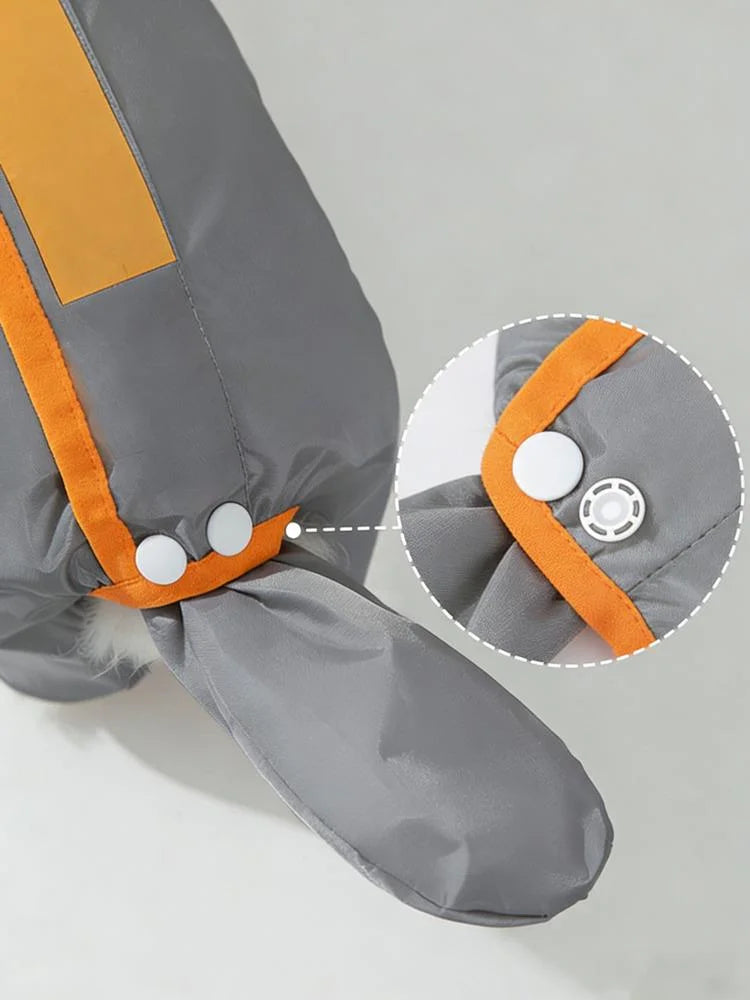 Gray inflatable dog booties with orange trim and white snap closures, shown with a circular inset detail of the closure mechanism.