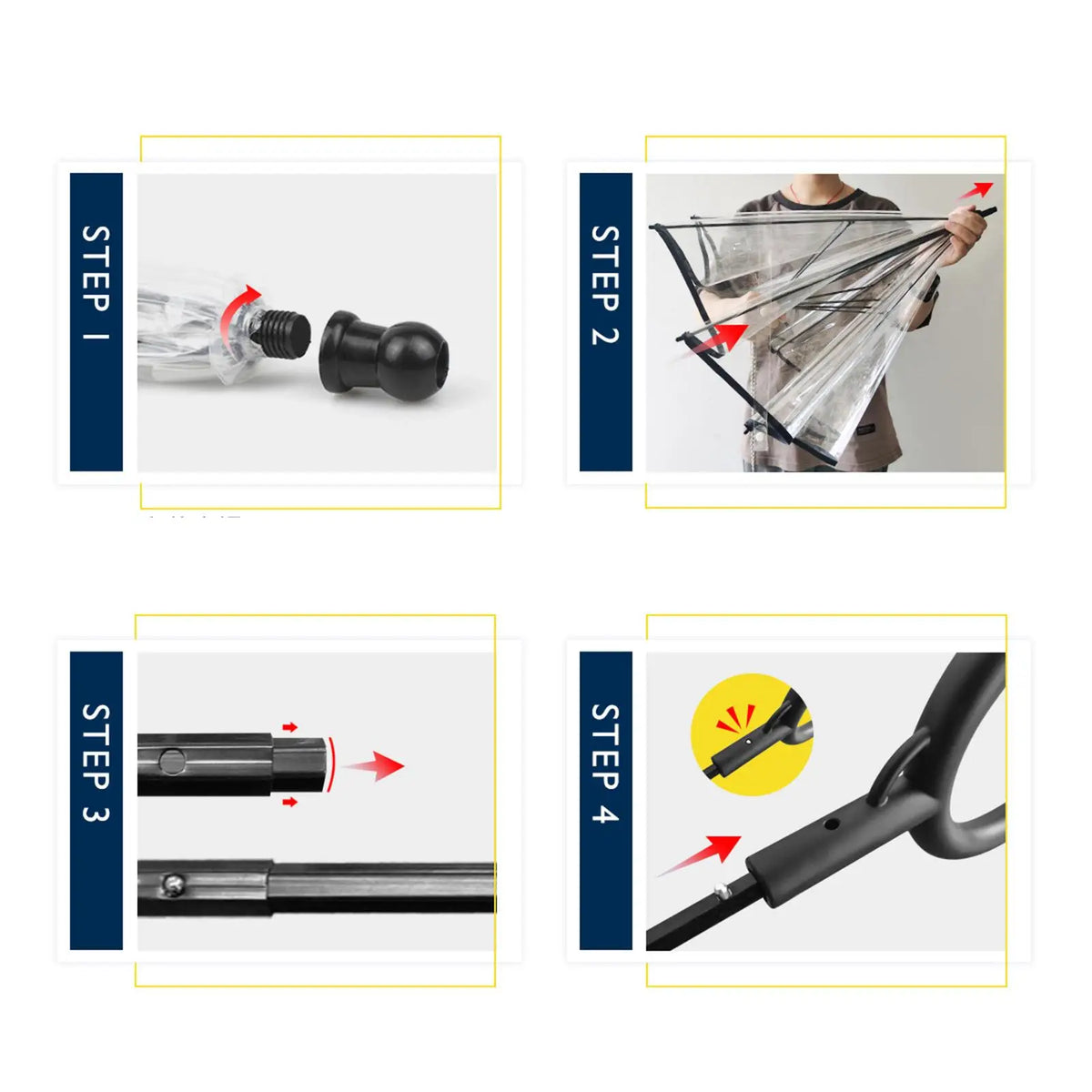 Four-panel instruction diagram showing how to fold and use a transparent umbrella: step 1 shows unscrewing the handle, step 2 shows the umbrella canopy being opened by a person, step 3 shows inserting the shaft, and step 4 shows the handle attachment with a close-up inset.