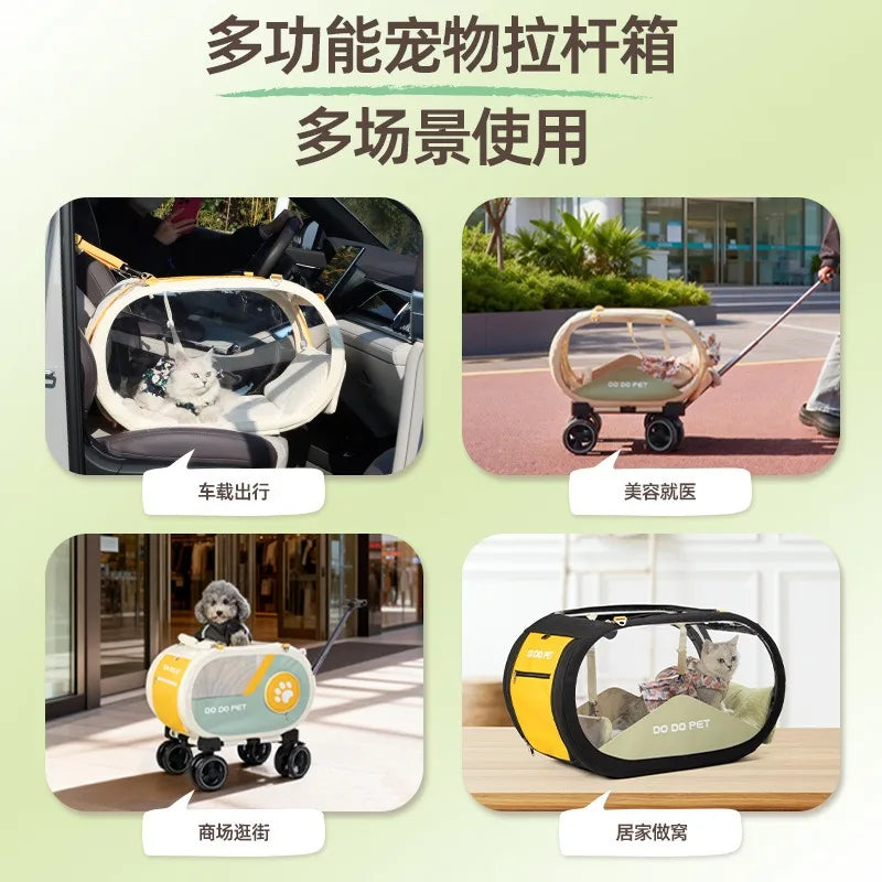 A promotional collage showing a retractable pet carrier wagon in four use cases: inside a car, being pushed outdoors, on a street, and set up indoors. The image includes Chinese text describing the product and its multi-scene use.