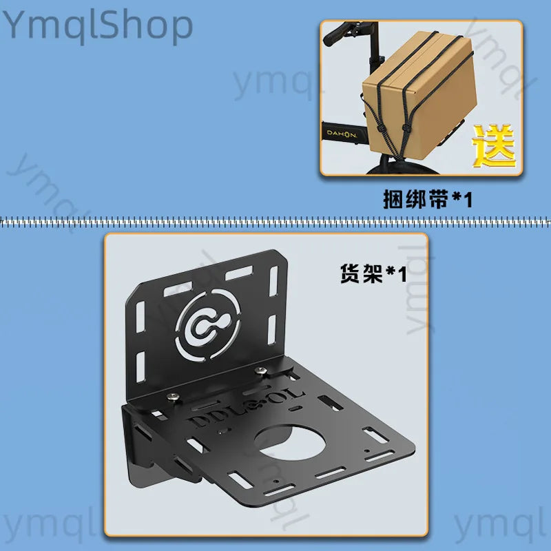 Black metal wall-mounted shelf bracket shown on a light blue background, with a smaller inset showing a cardboard box attached to the bracket and Chinese text indicating included straps and shelf.