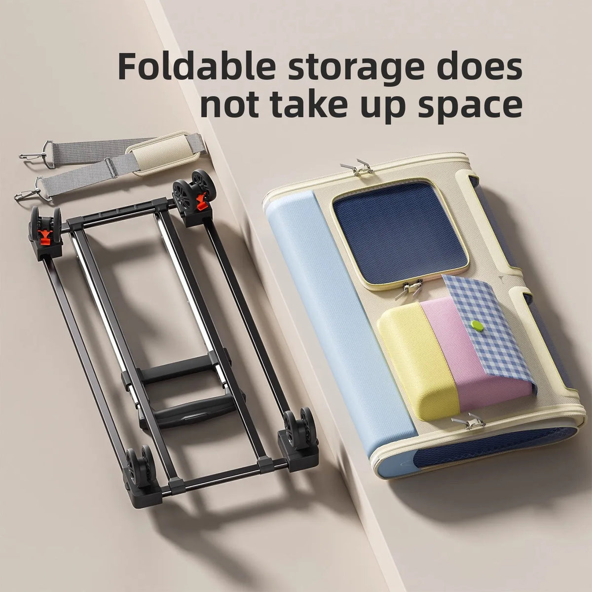 Foldable storage device with a compact design on a neutral background