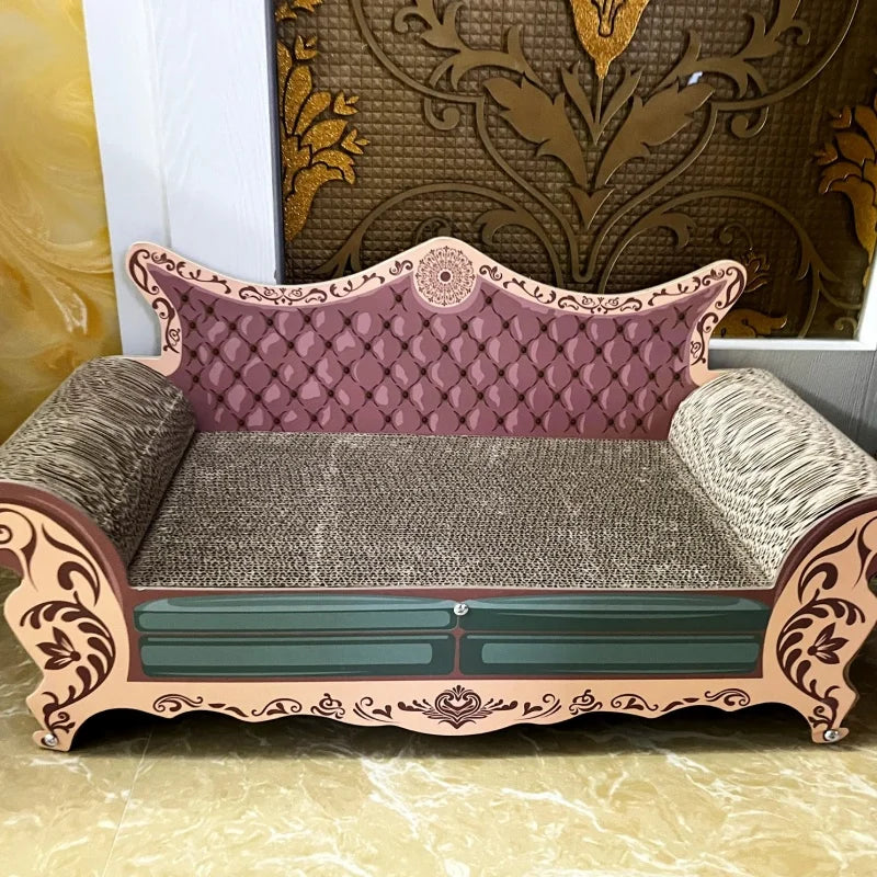 Decorative sofa with intricate patterns against a decorative wall.
