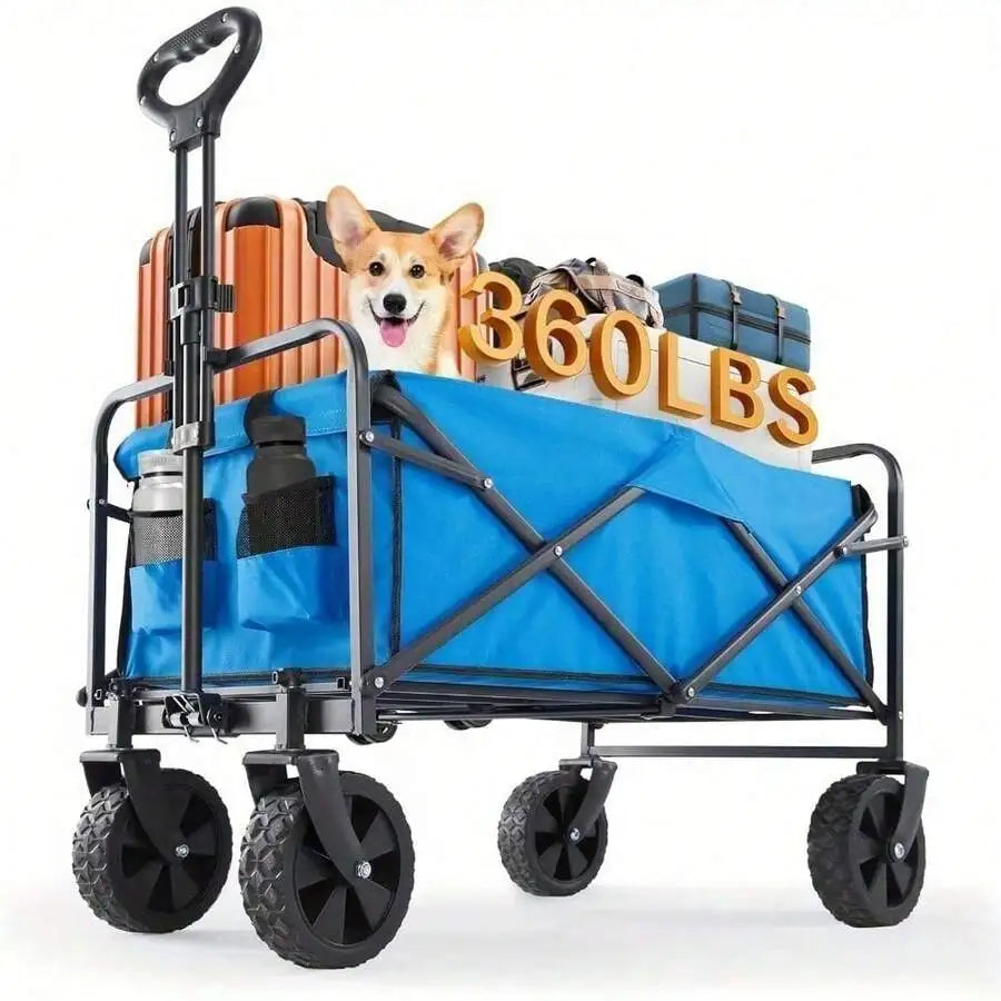 A blue and black foldable wagon cart with a handle, shown carrying luggage and a dog on a white background. Large gold text on the cart reads '360LBS'.