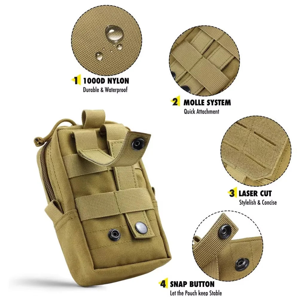 Tan tactical pouch with features highlighted on a white background