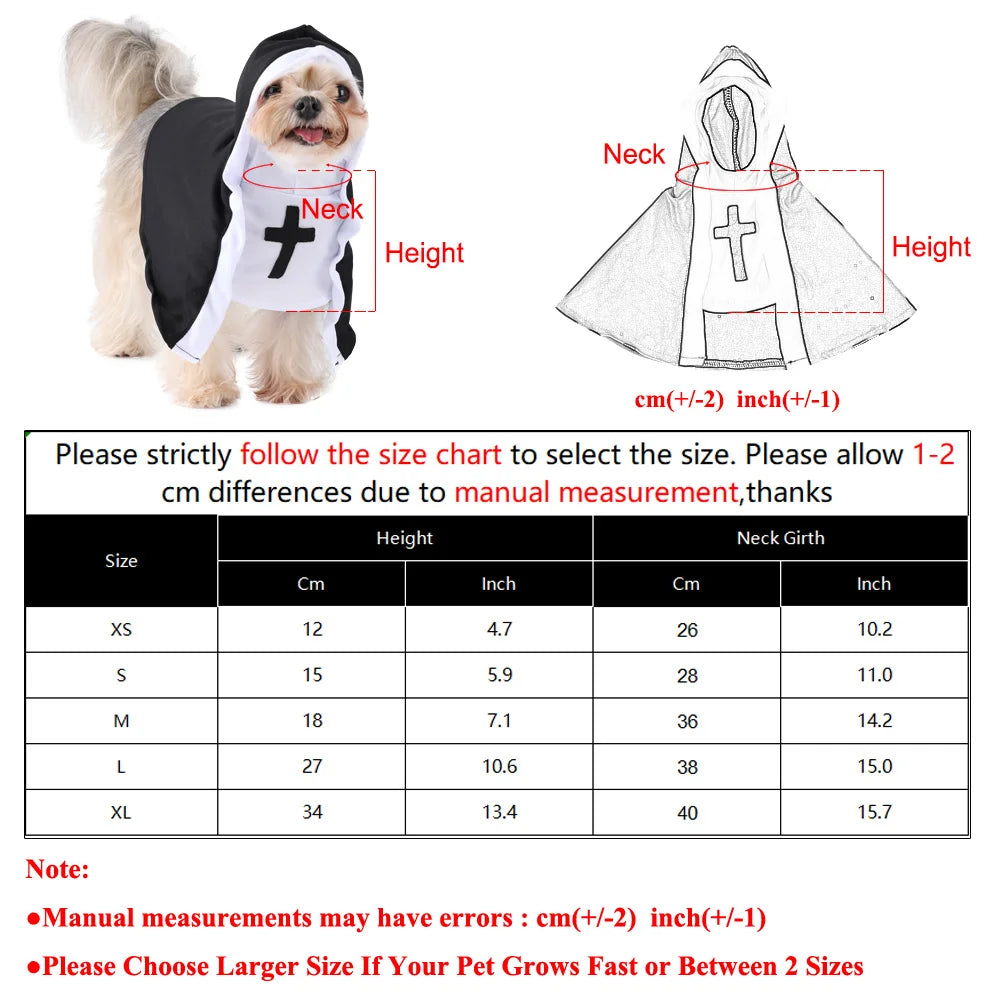 Dog wearing a black and white cape with measurements and size chart displayed.