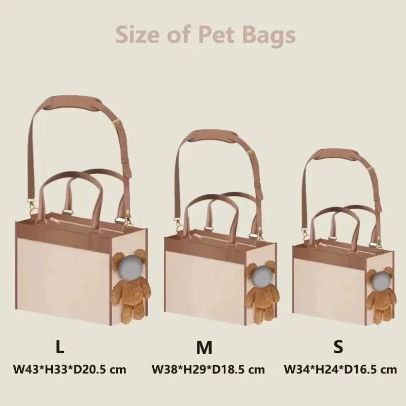 Size chart for pet bags showing three sizes labeled L, M, and S with dimensions and measurements in centimeters on a beige background.