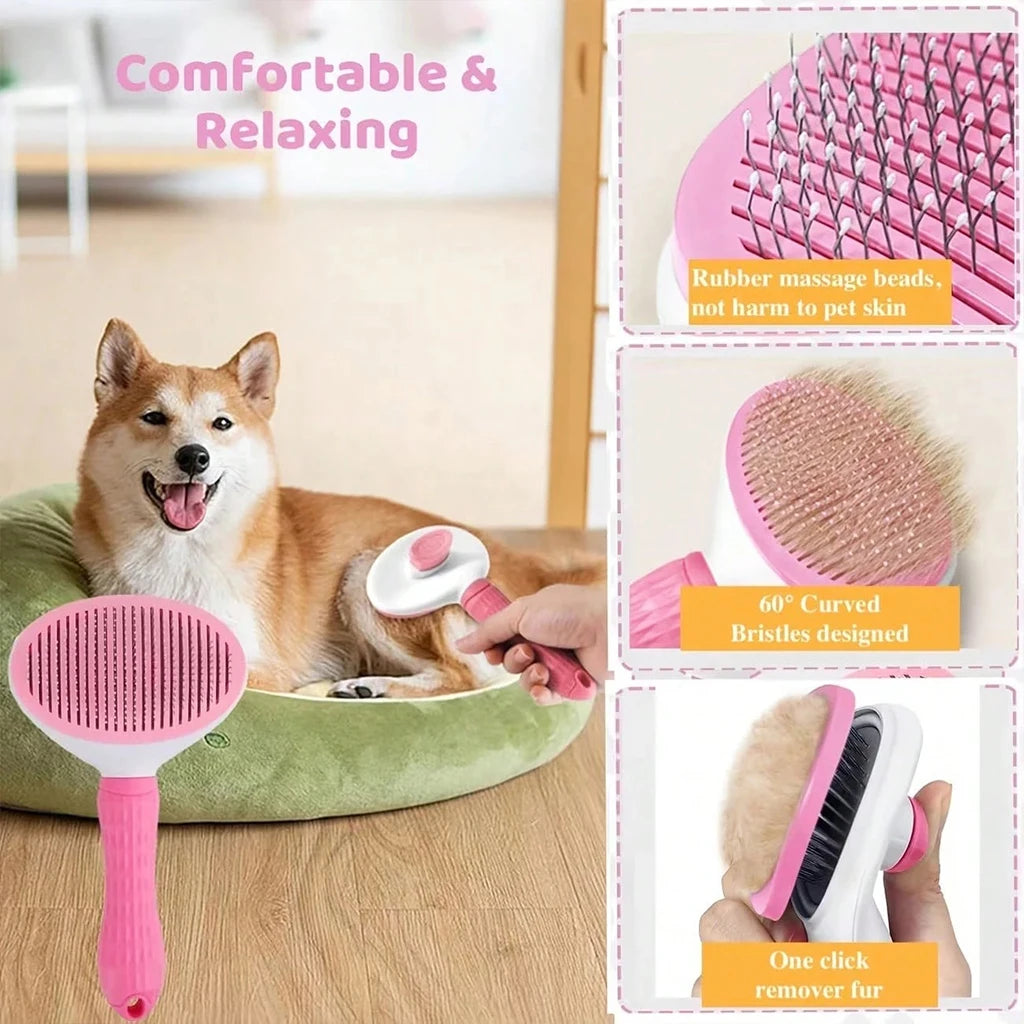 Dog grooming brush set with a dog on a bed, close-up of brush heads, and text highlighting features.