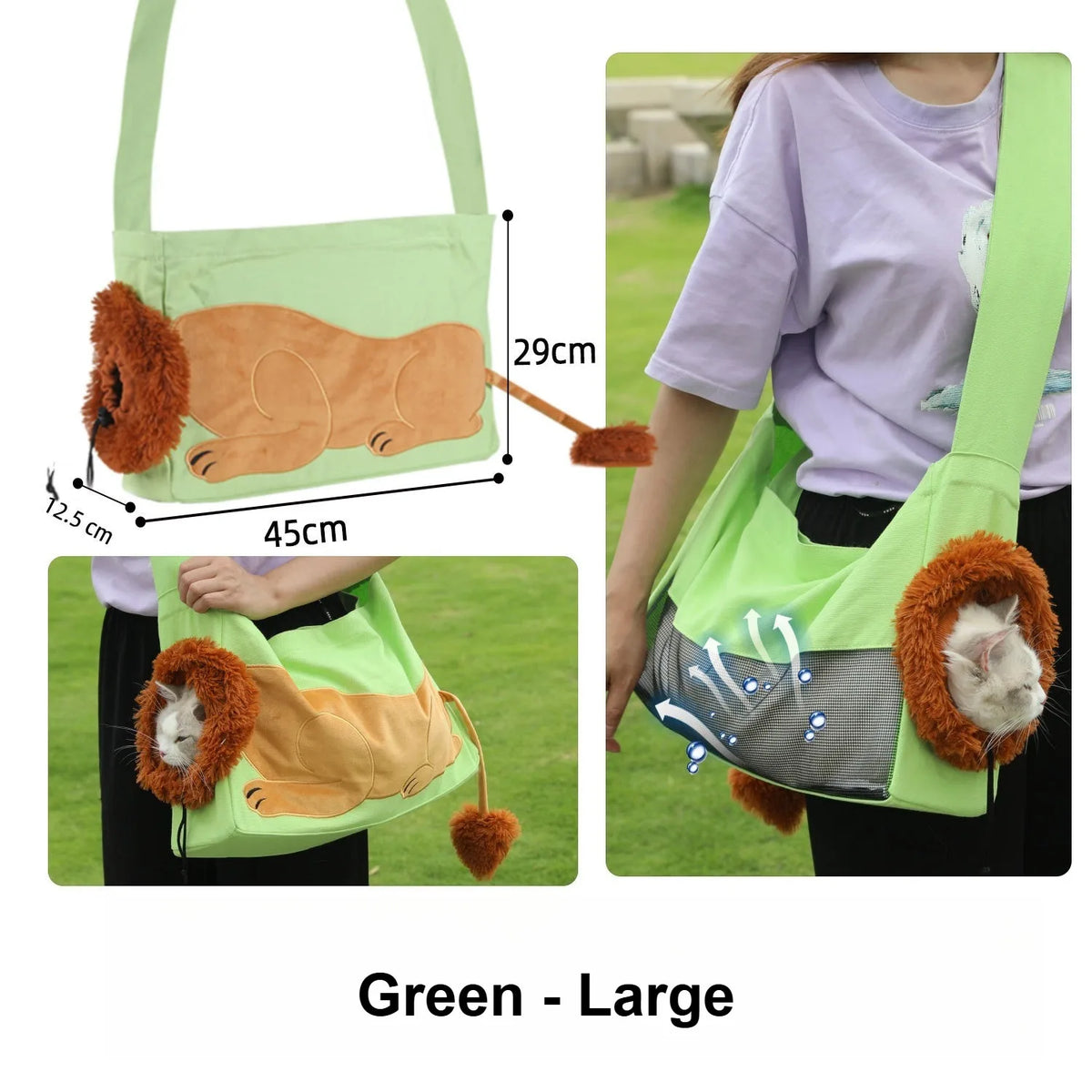 A green pet carrier shoulder bag with a lion-face opening and a cat visible inside, shown in a collage with dimension labels (29cm, 45cm, 12.5cm) and the text 'Green - Large'.