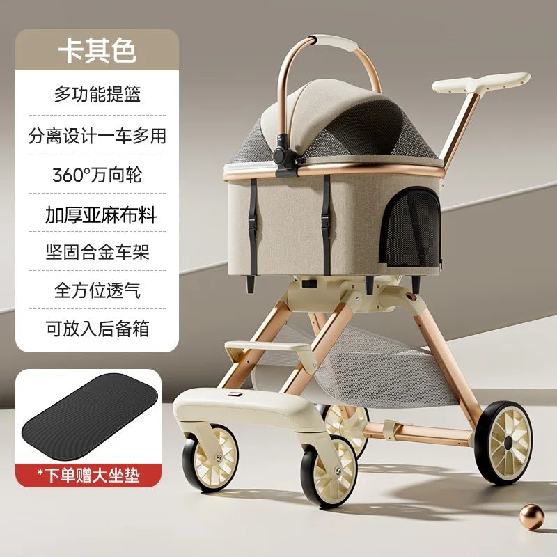 3-in-1 Luxury Pet Stroller with Detachable Carrier — 4-Wheel Travel Pram for Small & Medium Dogs and Cats