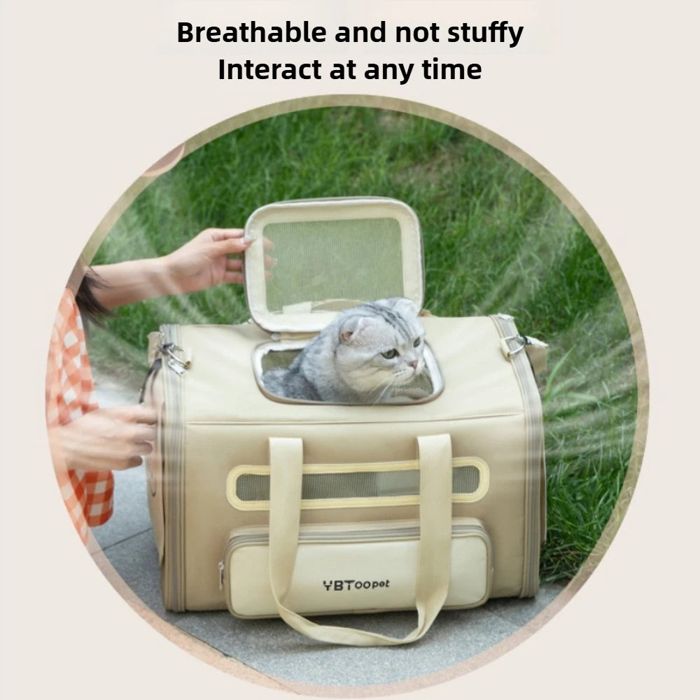A beige pet carrier bag with a gray cat inside, shown outdoors with a person's hands opening the top window. Text above says 'Breathable and not stuffy, Interact at any time.