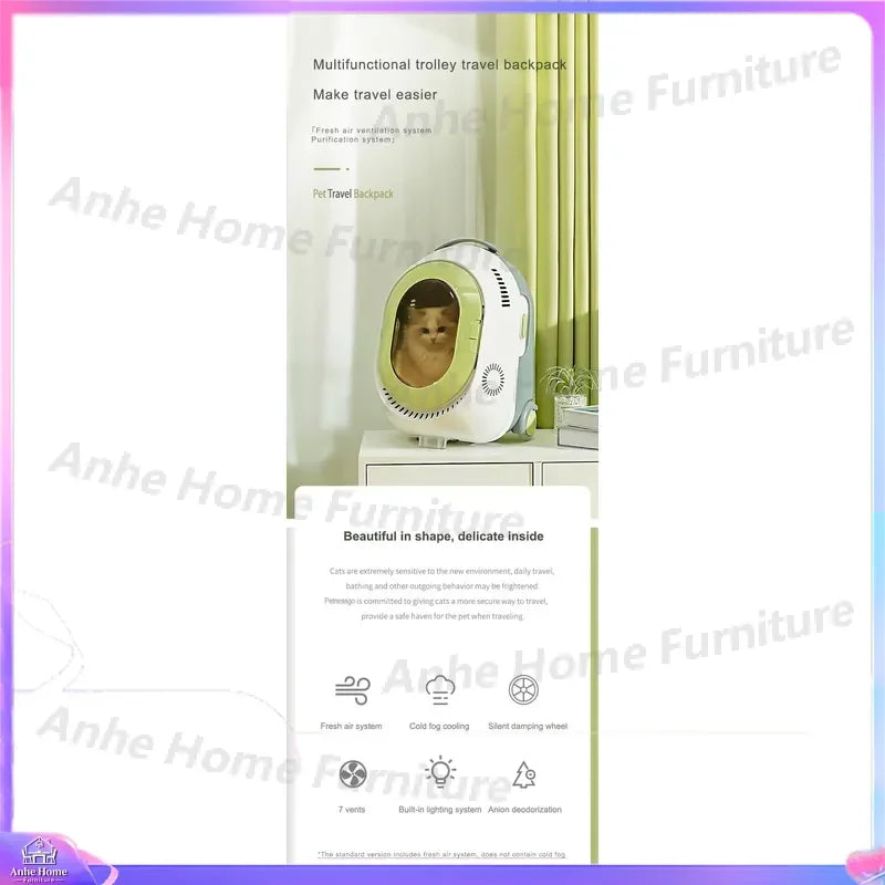 A promotional graphic for a pet travel backpack, featuring a cat inside a transparent spherical travel pod attached to a white trolley. The layout includes marketing text and icons on a white background with a decorative purple border.