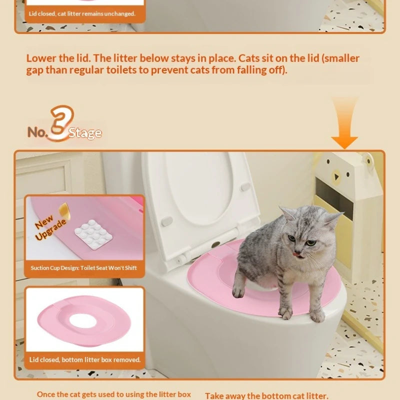 Cat using a pink toilet seat cover on a white toilet with text explaining its features.