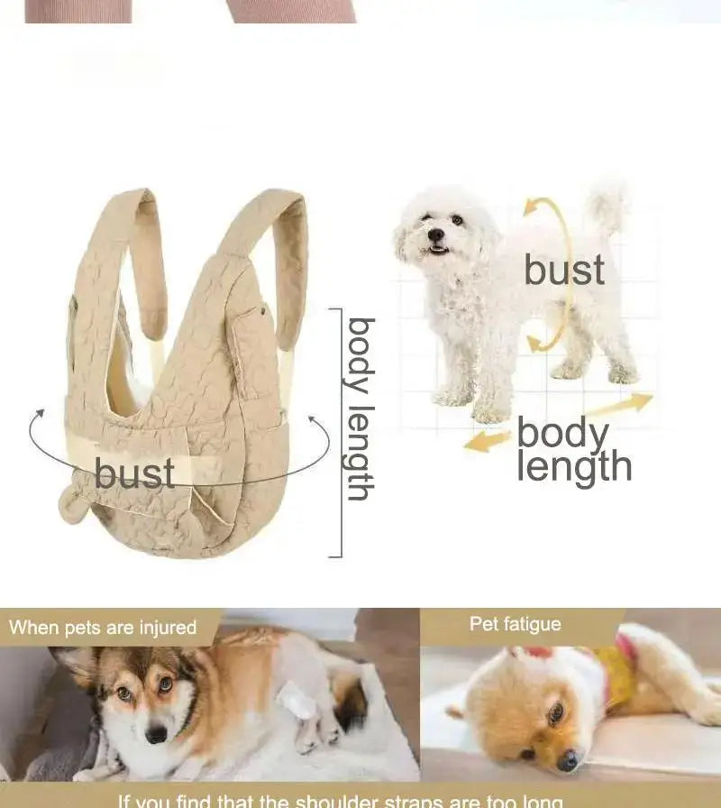 Measurement guide for a dog carrier with labeled parts and usage scenarios.