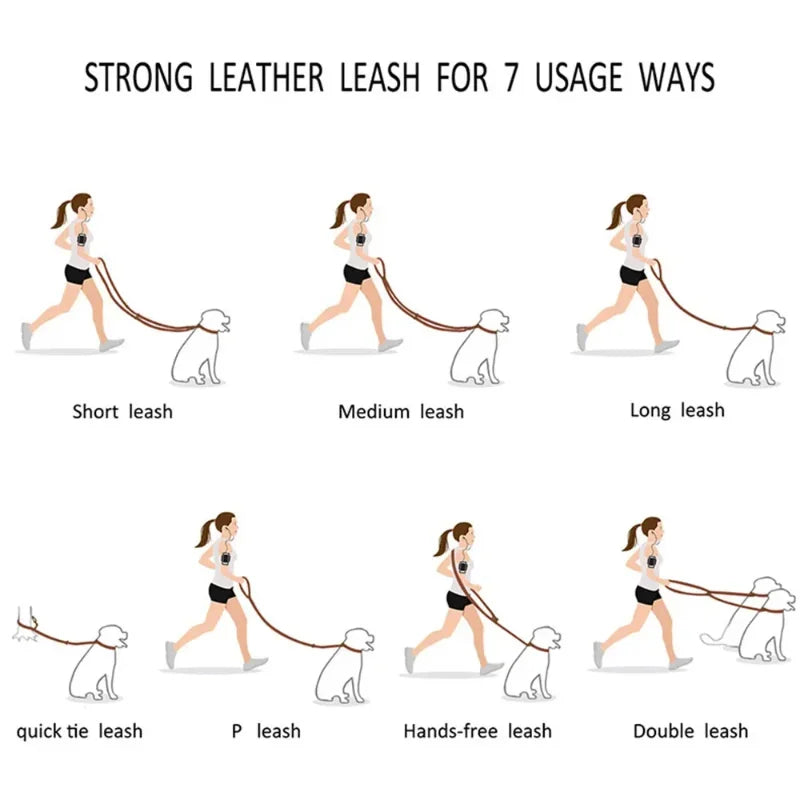 Genuine Leather Hands-Free Dog Leash – 7-in-1 Multi-Function Crossbody Lead