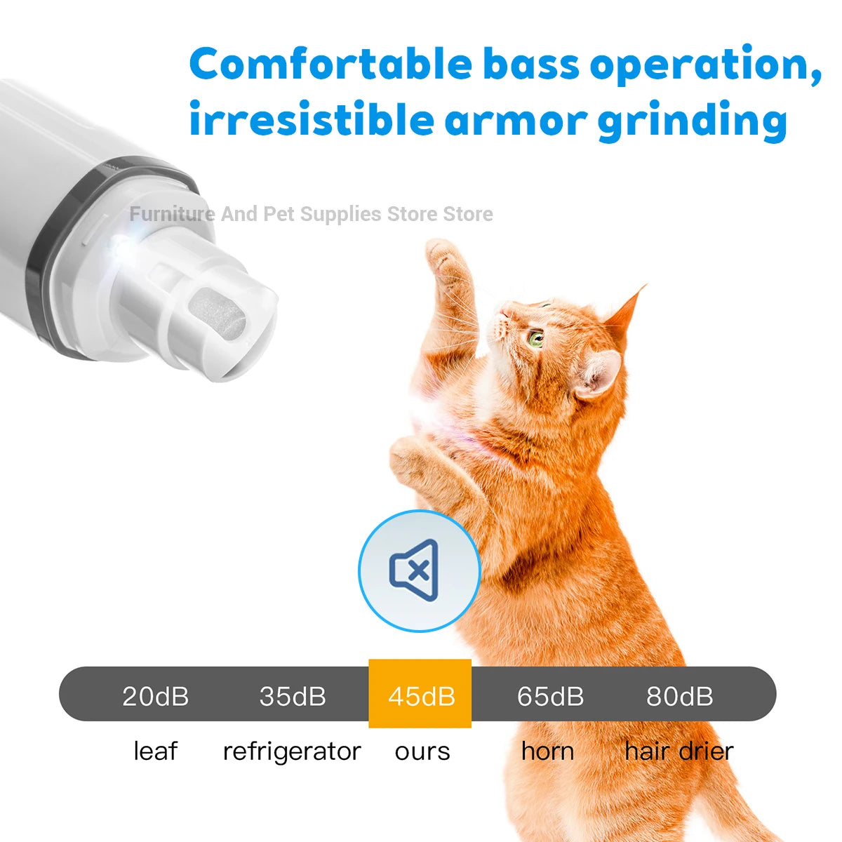 Cat reaching for a power tool with text about comfortable bass operation and irresistible armor grinding.
