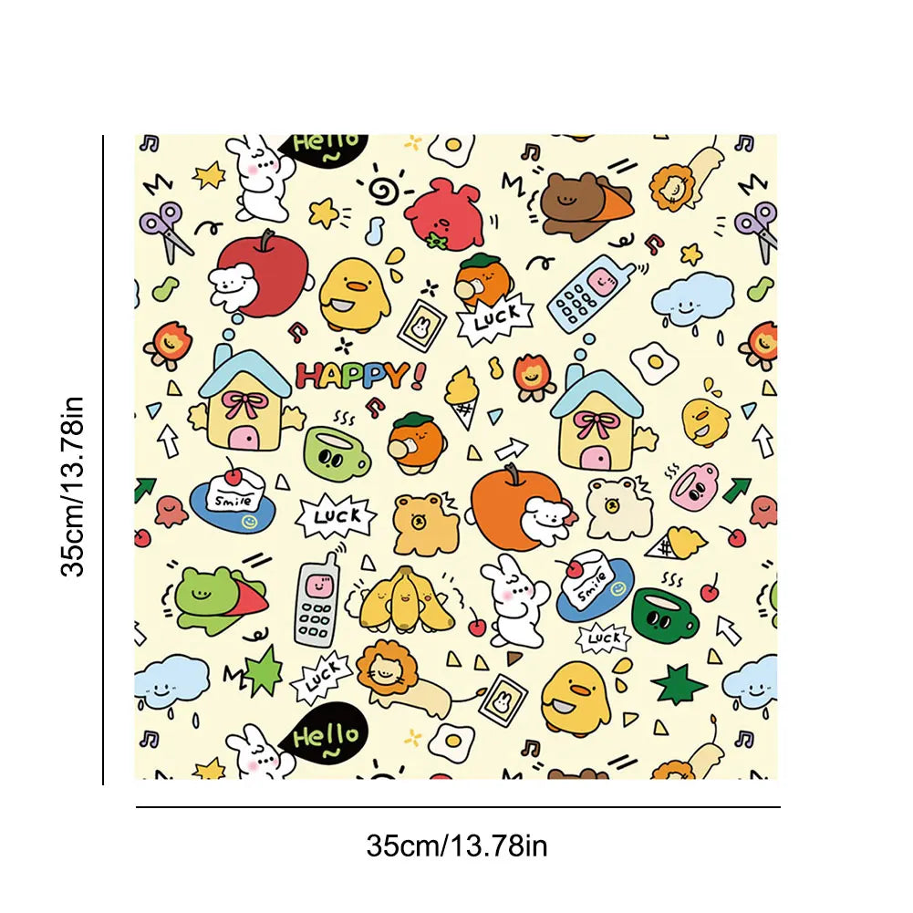 Patterned paper with colorful illustrations and text on a white background