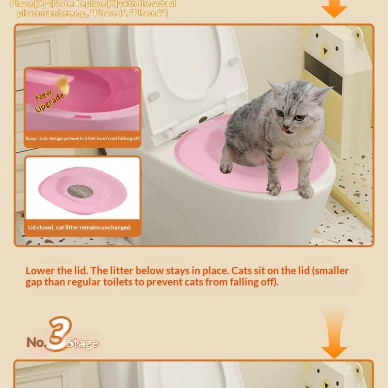 Cat using a pink litter box on a toilet with text explaining its features.