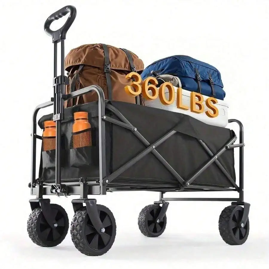 A black and gray folding utility wagon with four wheels, shown loaded with bags and bottles, with large gold text reading '360LBS' overlaid on the side against a plain white background.
