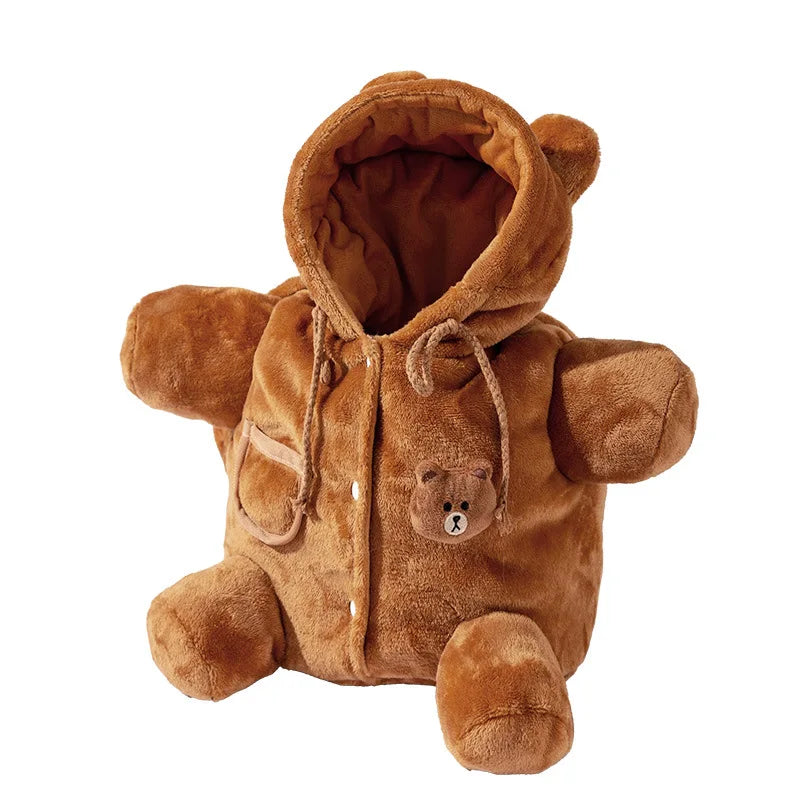 Brown teddy bear with a hood on a white background