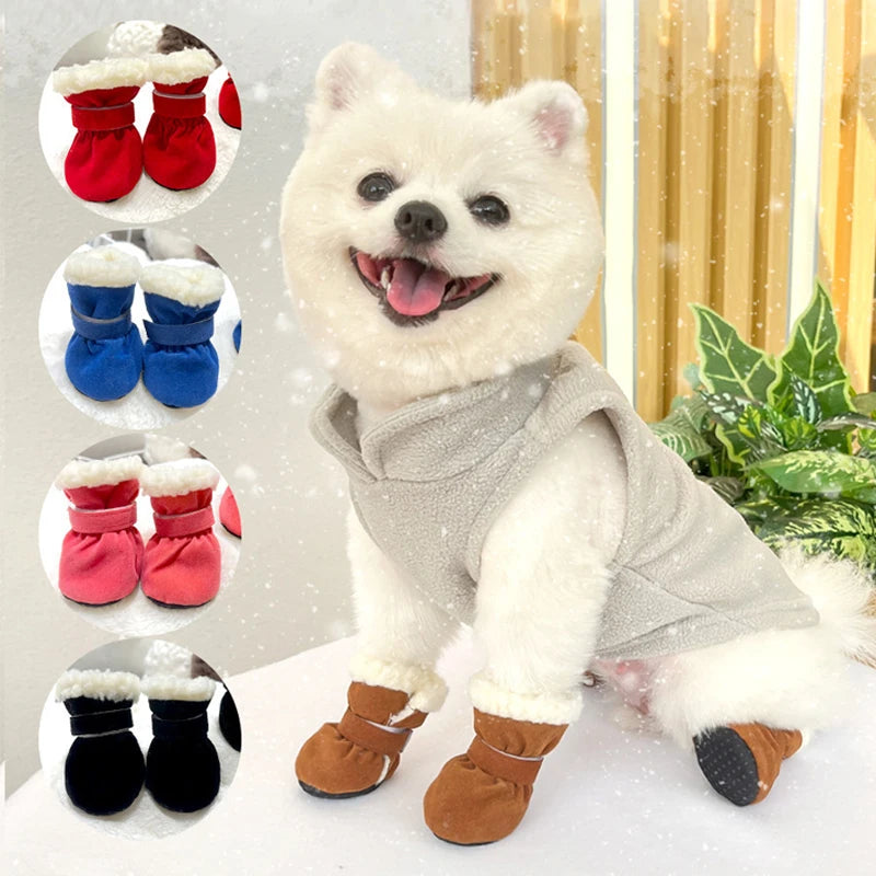 White dog wearing brown boots with inset images of red, blue, pink, and black boot options on a snowy background.