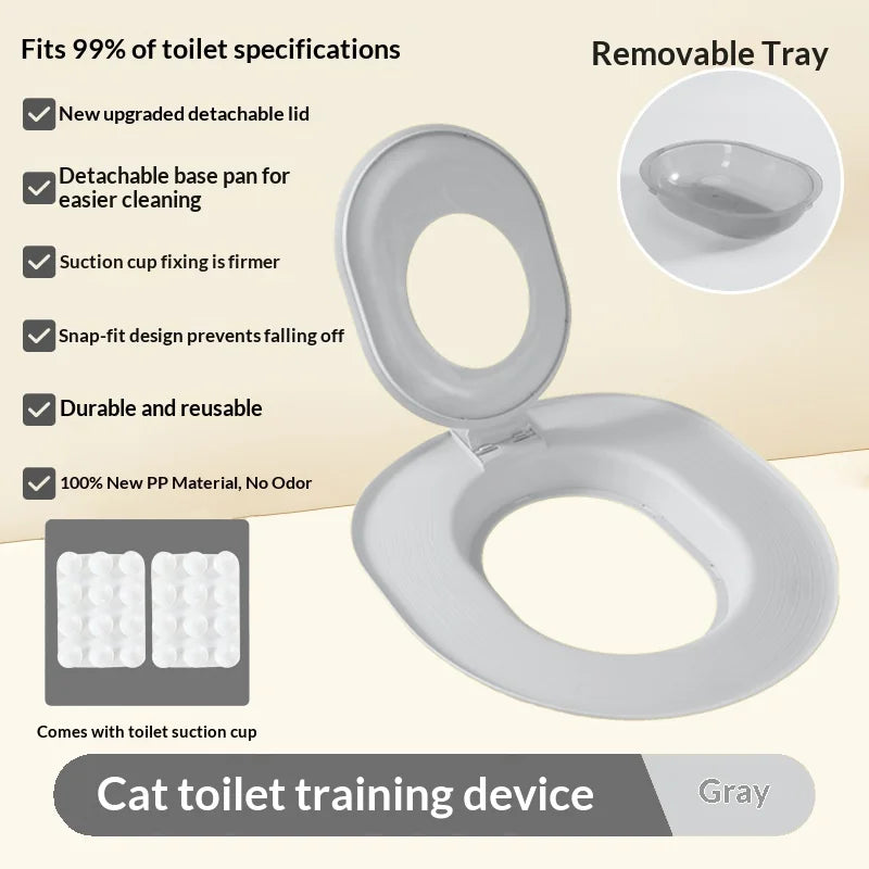 Cat toilet training device with detachable lid and base pan on a beige background
