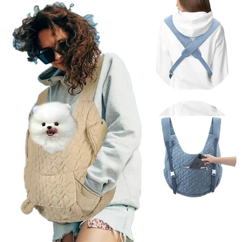 Pet carrier worn by a person with a small white dog inside, and two views of a blue pet carrier.