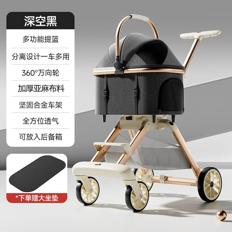 3-in-1 Luxury Pet Stroller with Detachable Carrier — 4-Wheel Travel Pram for Small & Medium Dogs and Cats