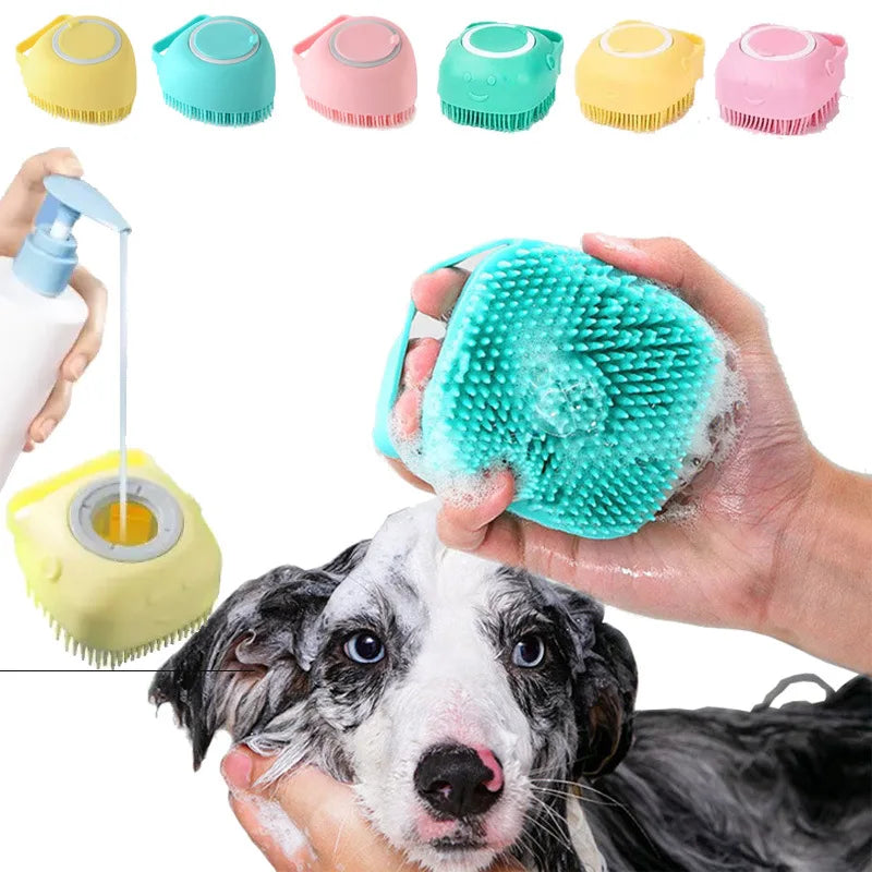 Dog being bathed with a silicone scrubber, surrounded by various colored scrubbers and a spray bottle.