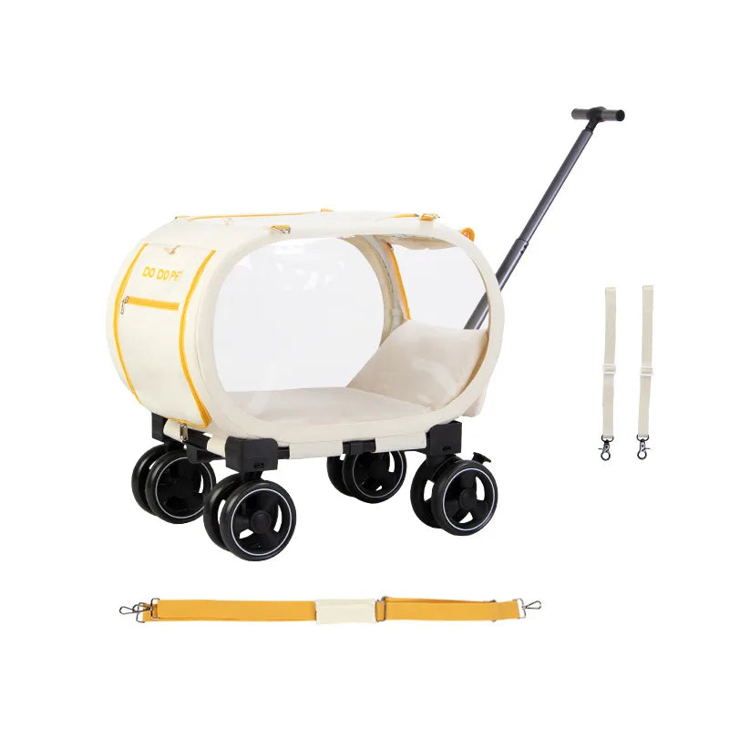 A cream and yellow pet stroller wagon with black wheels, a handle, and two detachable straps, shown on a clean white background.