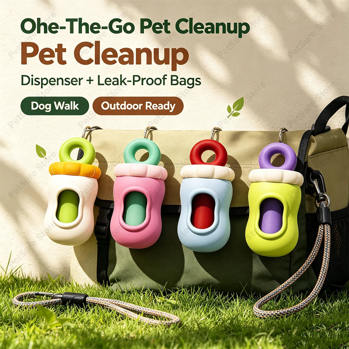 Four pet cleanup dispenser bags in different colors (green, pink, blue, yellow) hanging from a beige backpack outdoors on grass, with text overlays reading 'Ohe-The-Go Pet Cleanup' and 'Pet Cleanup Dispenser + Leak-Proof Bags'.