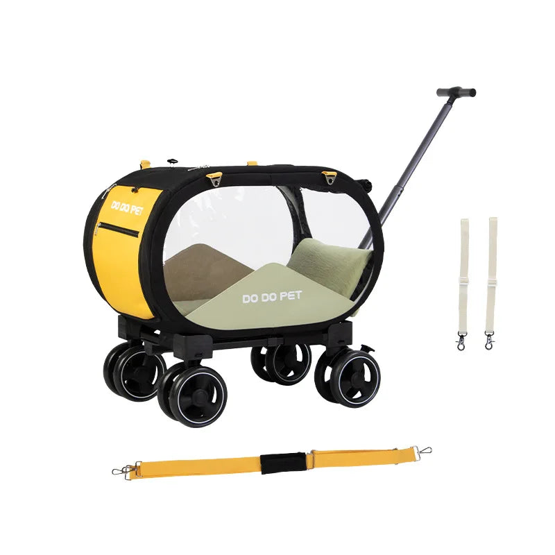 A yellow and black DO DO PET pet stroller wagon with a clear canopy, shown on a white background with its handle, detachable yellow strap, and two beige straps.