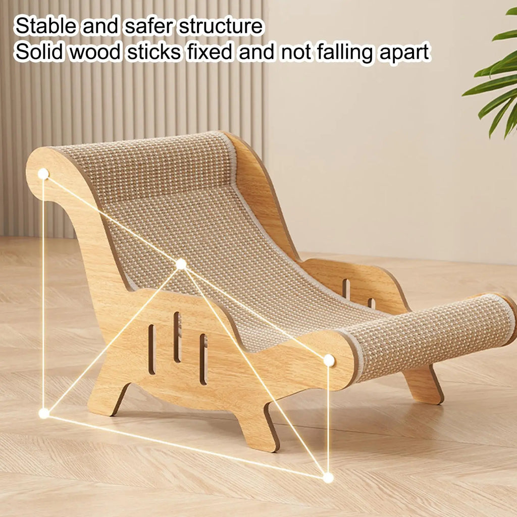 A wooden pet chaise lounge with a woven beige cushion, shown in a styled indoor setting with text overlay explaining its stable structure.