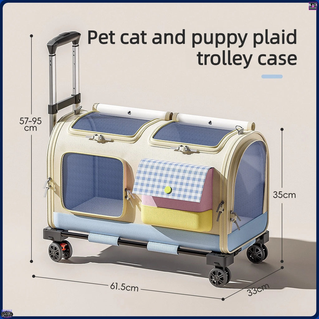 Pet cat and puppy plaid trolley case with dimensions on a beige background