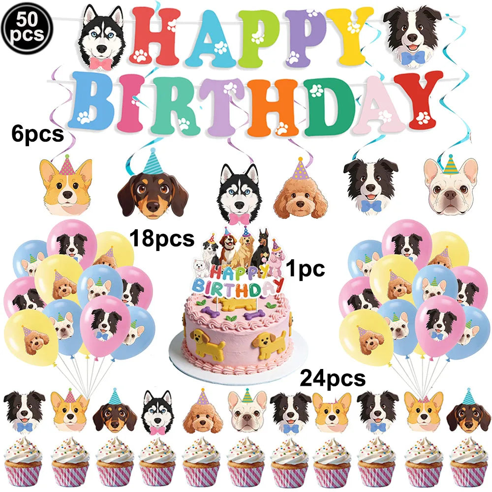 Dog Birthday Party Decoration Set – Banner, Balloons & Cake Decor for Pets