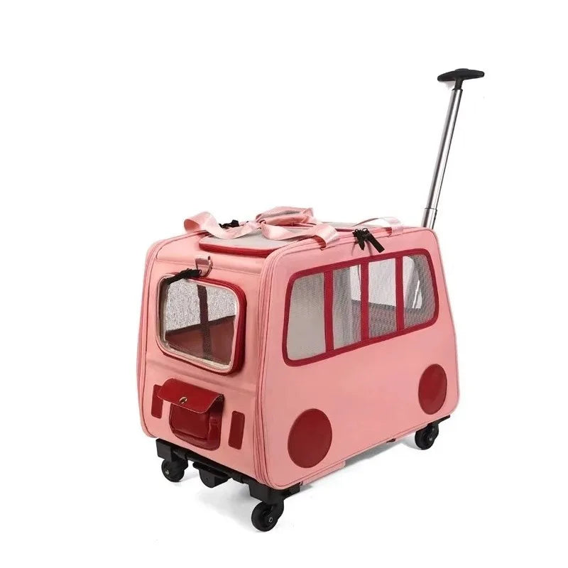 Pink pet carrier with wheels and a handle on a white background