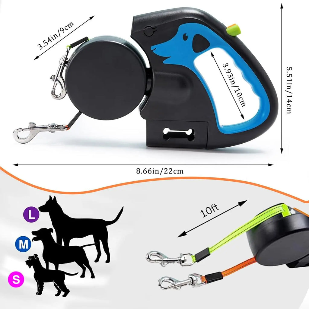 Retractable dog leash with measurements and dog size chart on a white background