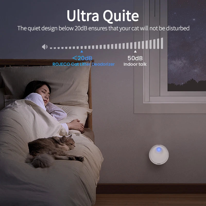 Woman sleeping with a cat on a bed next to a deodorizer labeled 'Ultra Quite'.