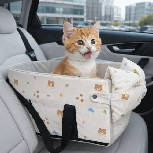 Cartoon Dog Car Seat with Safety Leash | Soft Corduroy Pet Booster Seat for Small Dogs