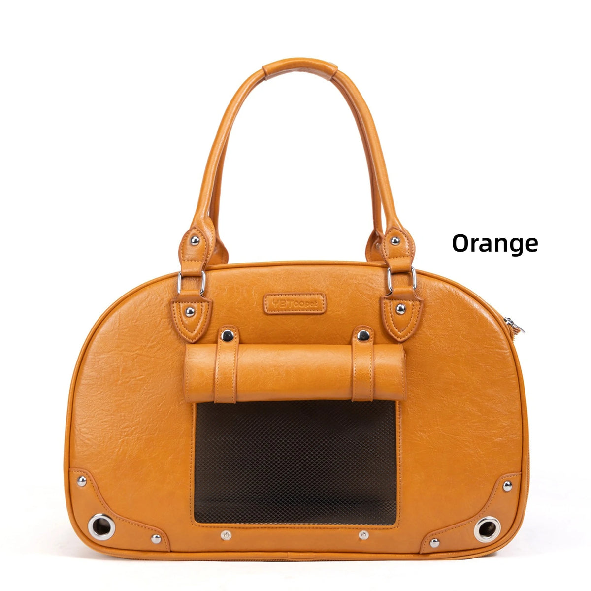 Orange pet carrier with visible brand name on a white background