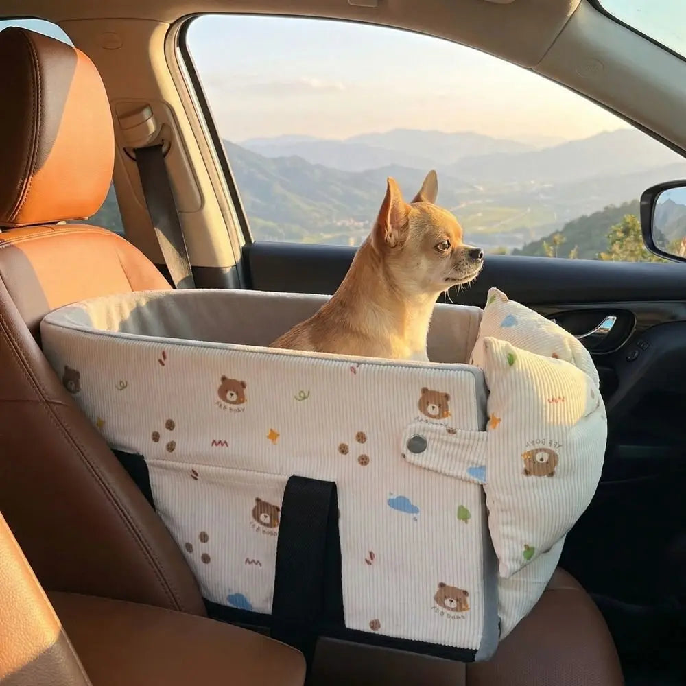 Cartoon Dog Car Seat with Safety Leash | Soft Corduroy Pet Booster Seat for Small Dogs