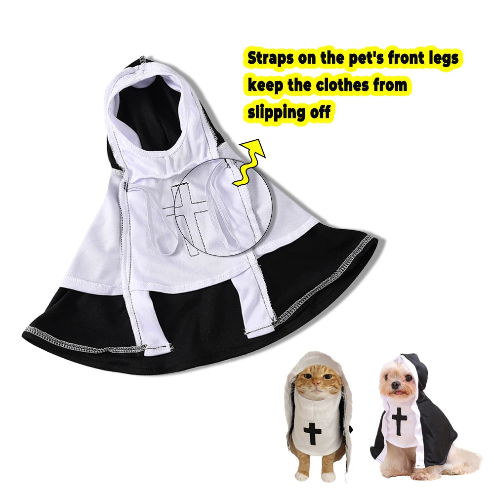 White and black pet hooded robe costume with drawstrings and a front cross graphic, shown on a white background with explanatory text and two small pet models wearing the costume at the bottom right.